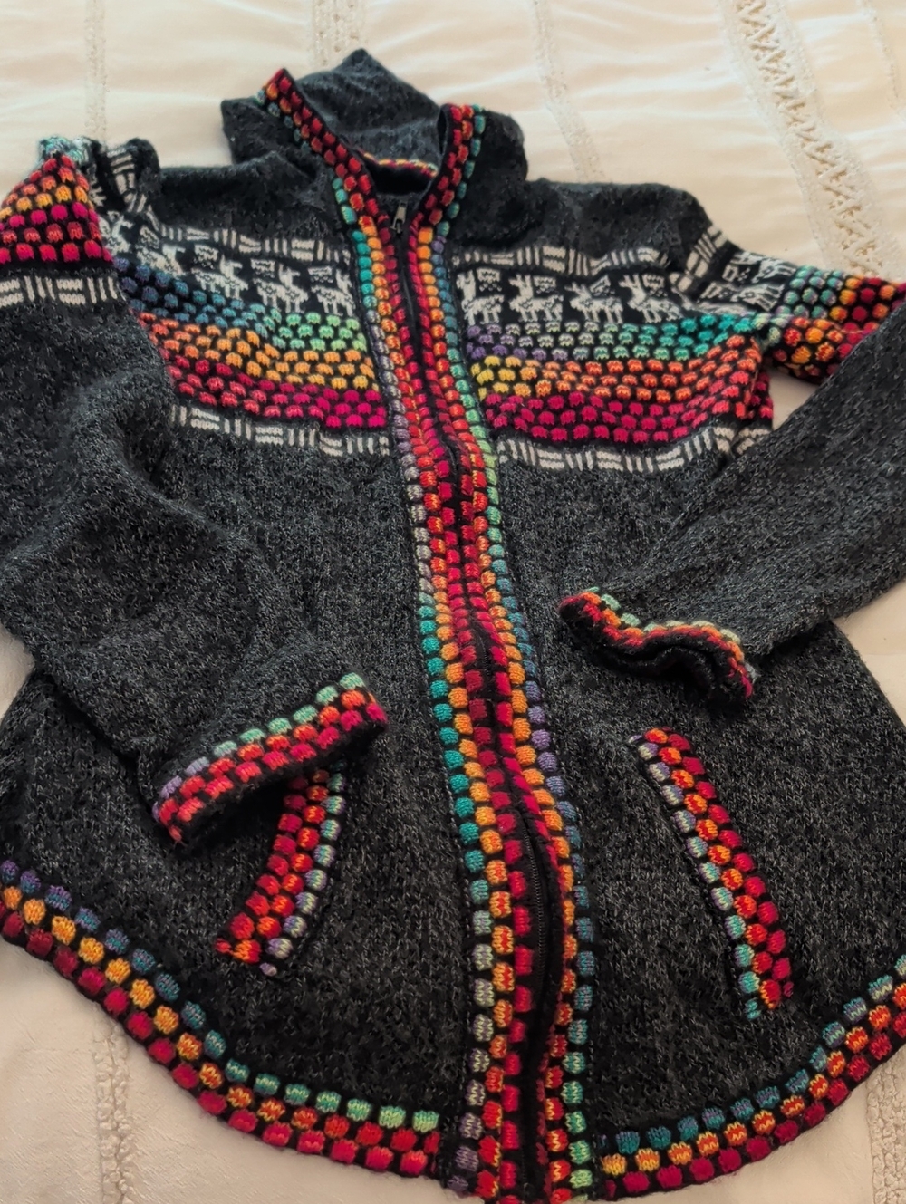 Dark Gray Knit Zip Cardigan with Rainbow Trim